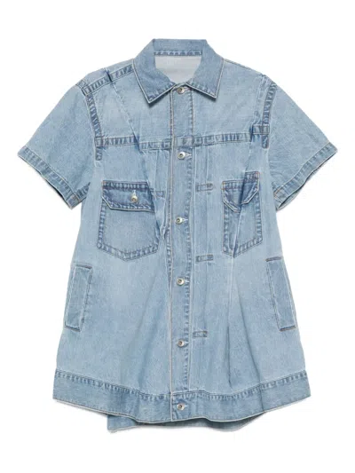 Sacai Pleated Denim Mini Shirt Dress In Blue