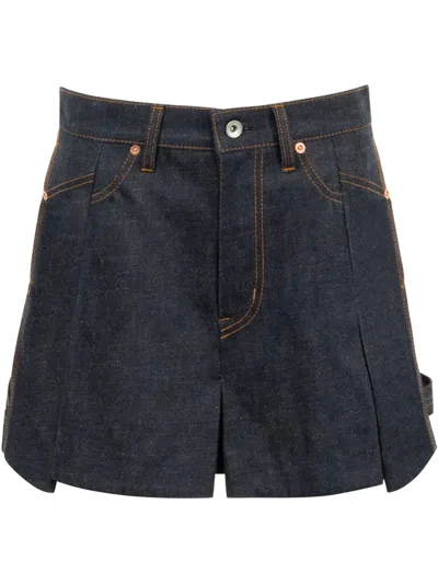 Sacai Pleated Denim Shorts In Blue