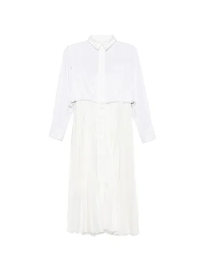 Sacai Pleated Drawstring Shirt Midi Dress In White