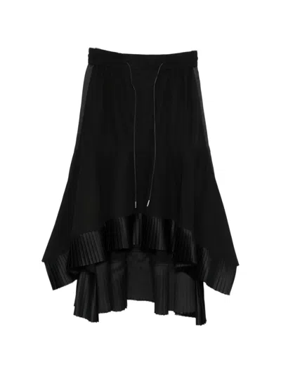 Sacai Pleated Satin Ruffle Cotton Broadcloth High-low Skirt In Black