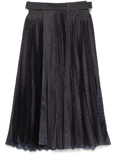 Sacai Pleated Grey Skirt With Denim And Soft Fabric Construction In Black