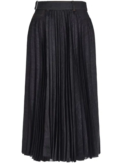 Sacai Denim-trimmed Pleated Printed Crepe De Chine Midi Wrap Skirt In Blue