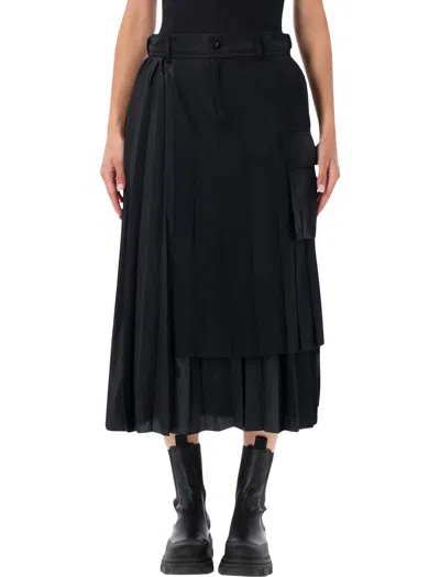 Sacai Pleated Hybrid Midi Skirt With Cargo Pocket In Black