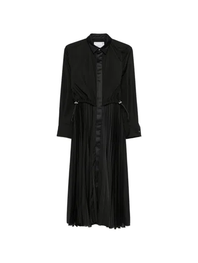 Sacai Pleated Layered Midi Dress In Black