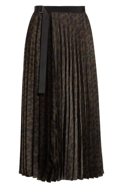 Sacai Pleated Leopard Print Satin Midi Skirt In Brown