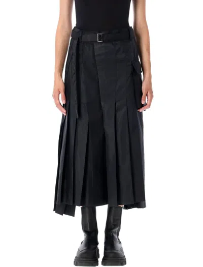 Sacai Pleated Midi Skirt Asymmetric Hem In Black