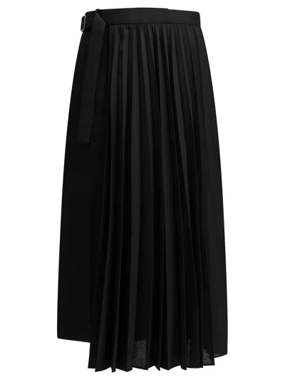 Sacai Wool Pleated Midi Skirt In Black