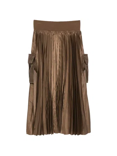 Sacai Pleated Midi Skirt In Brown