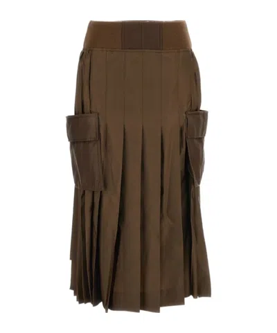 Sacai Pleated Midi Skirt In Brown