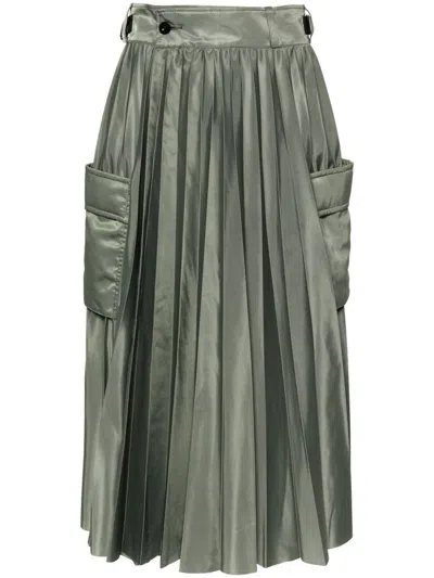 Sacai Pleated Midi Skirt In Khaki 501