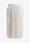 Sacai Belted Denim-trimmed Pleated Satin Midi Wrap Skirt