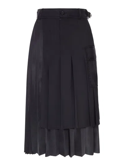 Sacai Pleated Midi Skirt With Cargo Pockets In Black