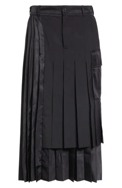 Sacai Pleated Mixed Media Midi Skirt In Black
