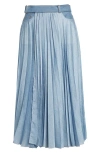 Sacai Pleated Belted Denim Midi Skirt In Blue