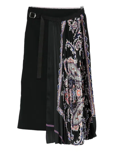 Sacai Pleated Paisley-print Skirt In Black