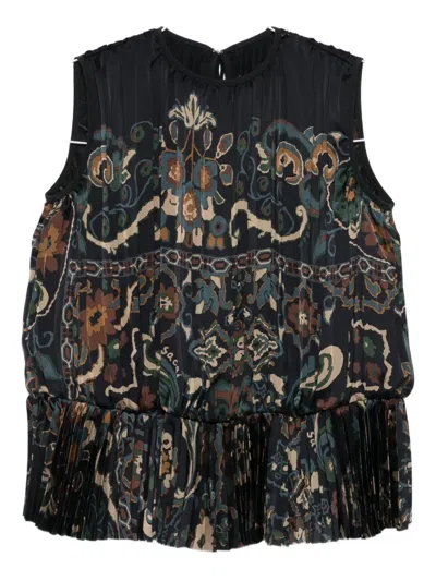 Sacai Pleated Paisley-print Top In Black