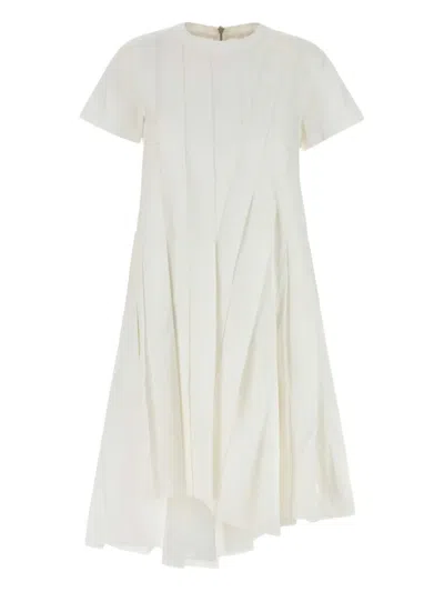 Sacai Poplin Dress With Asymmetric Hem And Pleated Design In White
