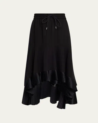 Sacai Pleated Satin Ruffle Cotton Broadcloth High-low Skirt In Black