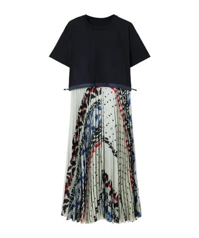 Sacai Pleated Satin-trimmed Cotton-jersey Midi Dress In Black