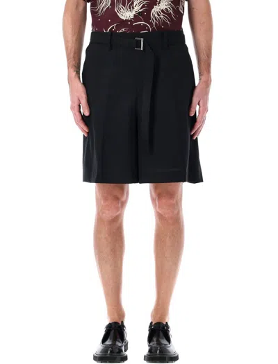 Sacai Pleated Knee Length Shorts With Belt Loops In Black