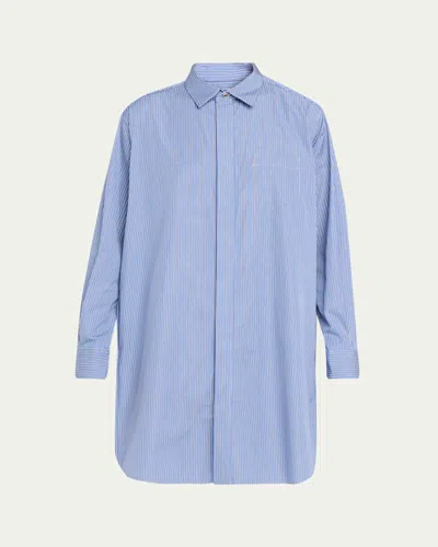 Sacai Pleated Sides Striped Poplin Shirtdress In Blue