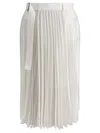 Sacai Belted Denim-trimmed Pleated Satin Midi Wrap Skirt In White