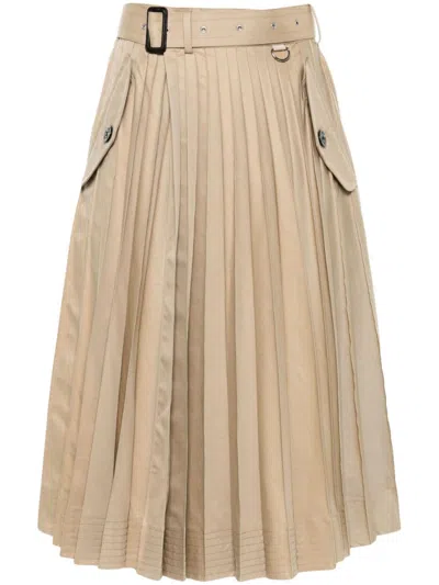 Sacai Beige Cotton Gabardine Midi Skirt