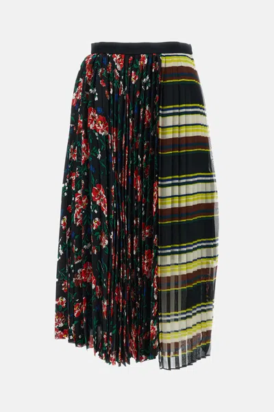 Sacai Floral-print Pleated-design Midi Skirt In Brown