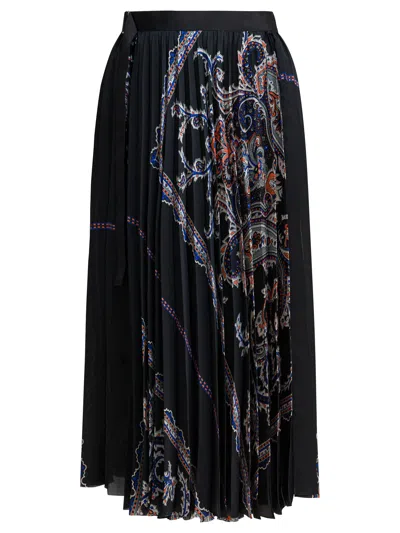 Sacai Mid-length Paisley Pleated Wrap Skirt In Black