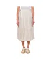 Sacai Belted Denim-trimmed Pleated Satin Midi Wrap Skirt In Nude