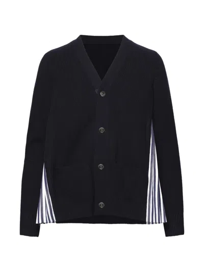 Sacai Pleated Striped Cardigan In Black