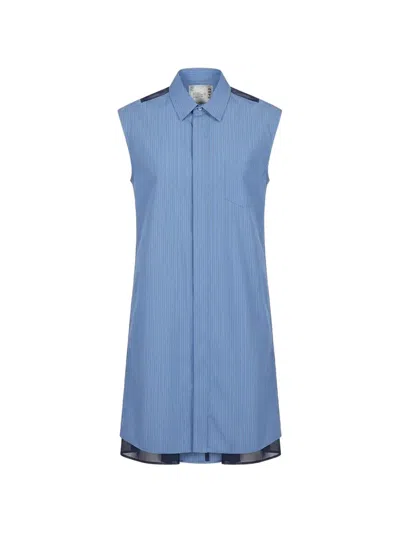Sacai Pleated Striped Dress In Blue
