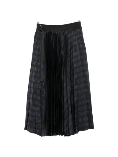 Sacai Pleated Striped Midi Skirt In Black