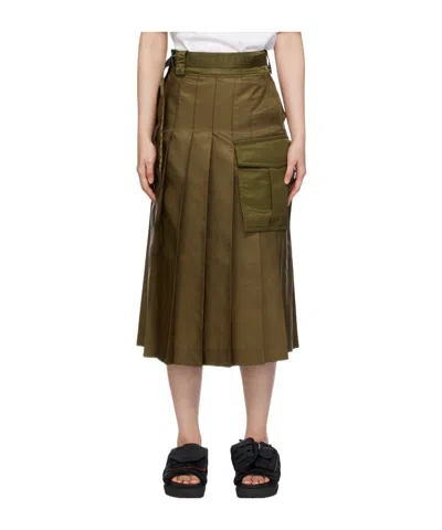 Sacai Khaki Pleated Midi Skirt In 826 Olive