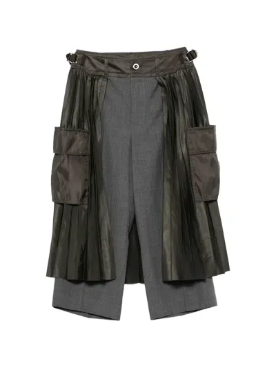 Sacai Pleated-overlay Cropped Trousers In Gray