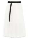 Sacai Belted Pleated Striped Voile Midi Skirt In White