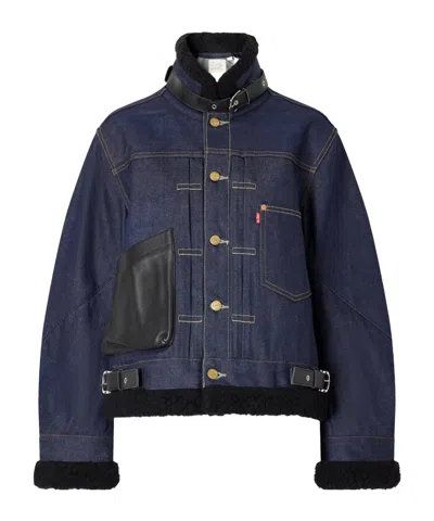 Sacai Plush And Leather-trimmed Denim Jacket In Black