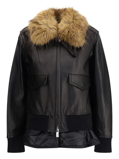 SACAI PLUSH-COLLAR LEATHER JACKET