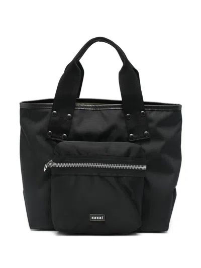 Sacai Pocket Medium Nylon Tote In Black