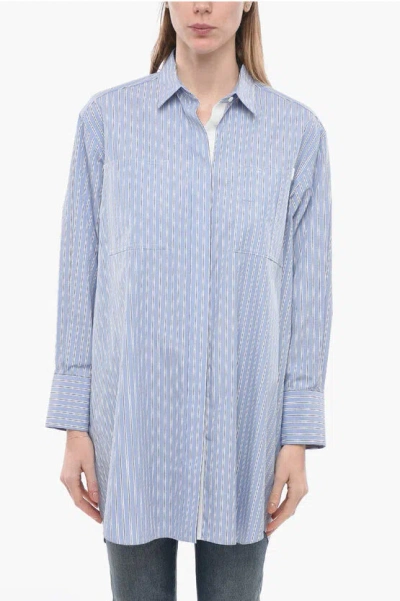 Sacai Popeline Cotton Long Shirt With Balanced Stripe Motif In Blue