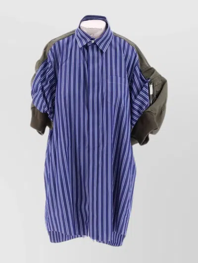 Sacai Poplin And Twill Dress With Striped Sleeves In Blue