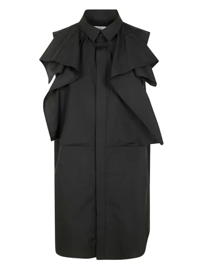 Sacai Poplin Dress With Cap Sleeves And Ruffled Detail In Black