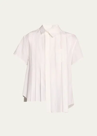 Sacai Poplin Pleated Asymmetric Button-front Shirt In Off White