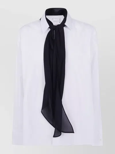 Sacai Poplin Shirt Tailored Fit Scarf Detail In Neutral