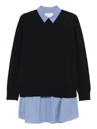 Sacai Popeline X Cotton Strickkleid Mit Gestreiftem Kragen In Blue