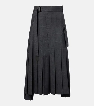 Sacai Prince Of Wales Check Wool Midi Skirt In Gray