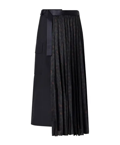 Sacai Pleated Leopard-print Jersey And Satin Midi Skirt In Black