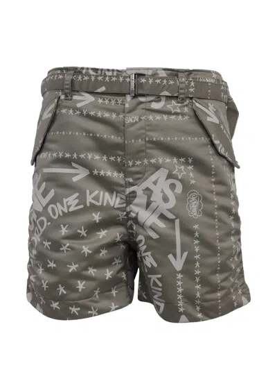 Pre-owned Sacai Printed Belt-fastening Shorts In Green