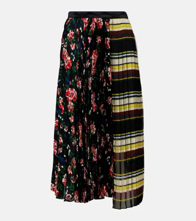 Sacai Printed Plissé Midi Skirt In Multi