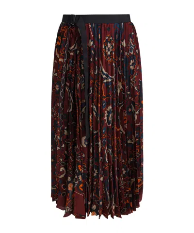 Sacai Pleated Floral Pattern Mid-length Skirt In Brown